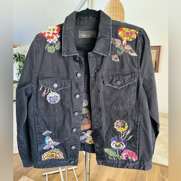 Unique Botanical Floral & Hummingbird Embroidered Black Denim Jacket M - Picture 5 of 16
